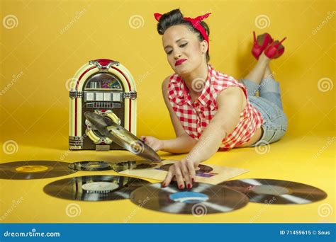 Girl Listening To Music On The Gramophone Retro Royalty Free Stock