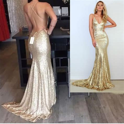 Real Picture Champagne Gold Mermaid Prom Dress 2016 Sparkle Long