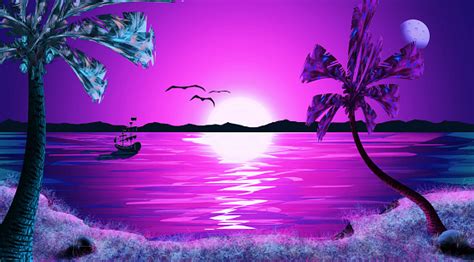 Beautiful Tropical Sunset Night Sky Sea Landscape Wallpaper Design