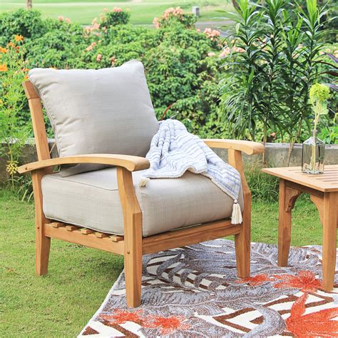 Caterina Teak Wood Outdoor Lounge Chair With Beige Cushion Patio