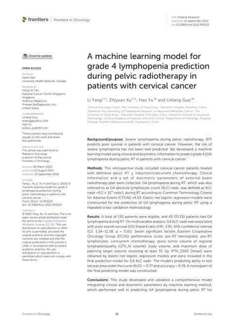 Pdf A Machine Learning Model For Grade 4 Lymphopenia Prediction
