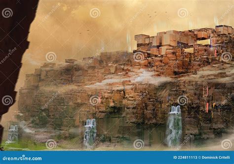 Massive Sci Fi City Built Into A Wall With Waterfalls Coming Out Of A
