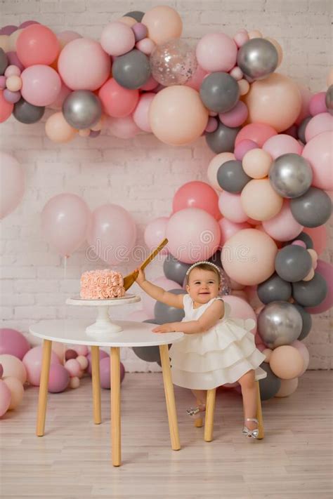 Baby Girl At First Birthday With Smash Cake Stock Image Image Of Love