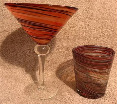 Hand Blown Orange Brown And Black Swirl Martini And Lowball Rocks Cocktail Glass Ebay Cocktail