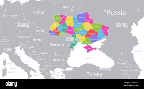 Ukraine Karte Mit Einzelnen Regionen Farbig Und Hauptstadt Mit Einzelnen Nachbarstaaten Mit