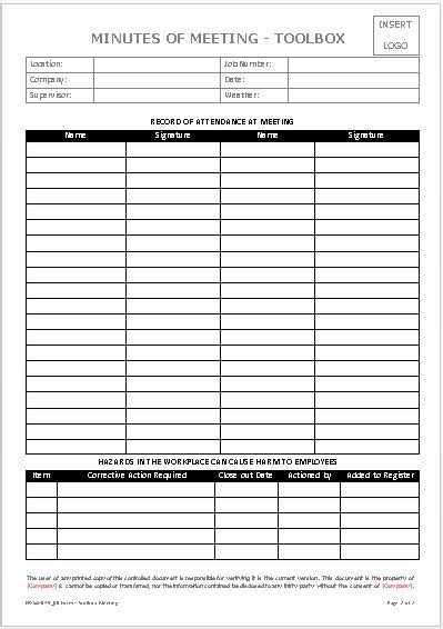 Tool Box Meeting Sign In Sheets