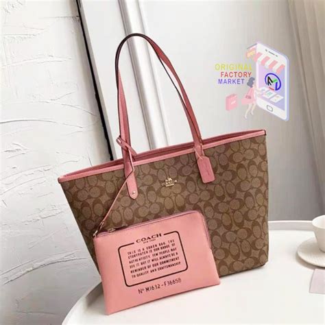 Jual Tas Coach F36658 Tote Reversible Signature City Khaki Pink