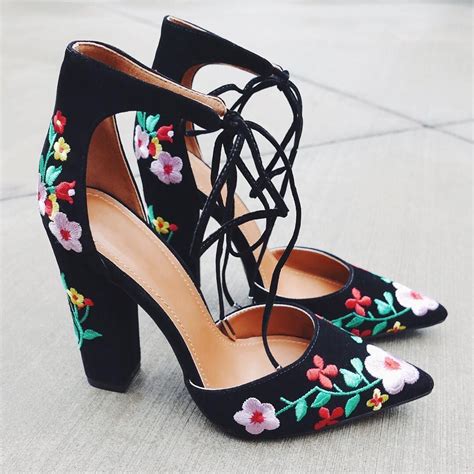 Amp Up Your Look With A Little Flower Power Heels Embroidered Chunky Heels Cute Shoes