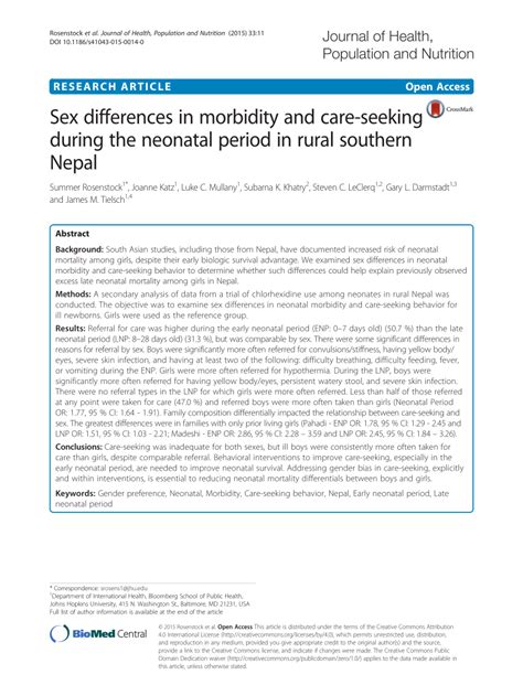 Pdf Sex Differences In Morbidity And Care Seeking During The Neonatal Period In Rural Southern