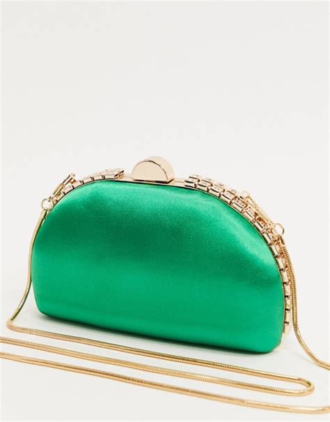 True Decadence Half Moon Clutch Bag In Emerald Green Satin With
