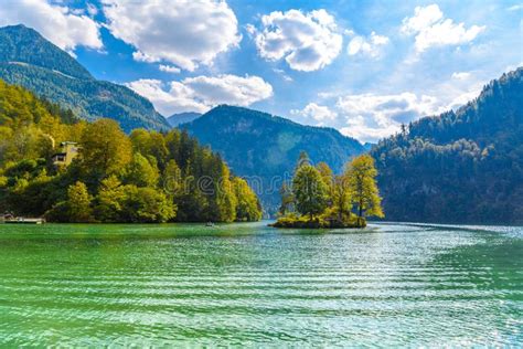 Small Island With Trees In The Lake Koenigssee Konigsee Berchtesgaden
