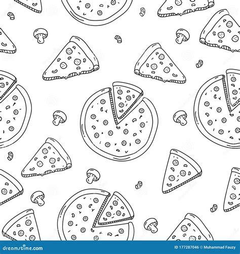 Seamless Pizza Pattern In Cute Doodle Hand Drawn Style Stock Vector