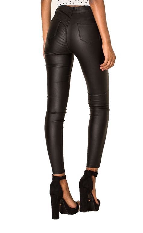 Womens Leather Look Trousers High Waist Faux Skinny Pants Stretch