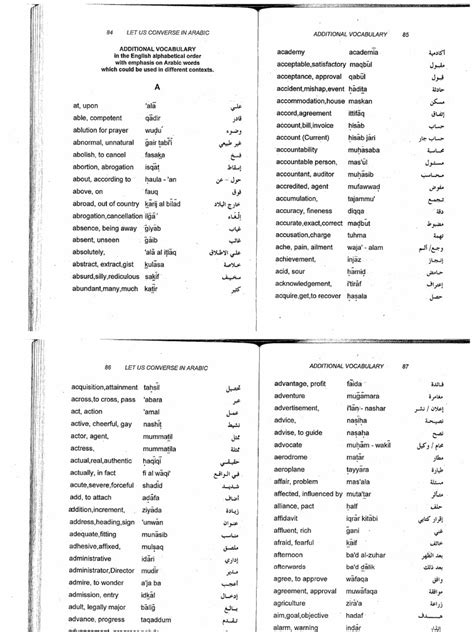 The following words have been acquired either directly from arabic or else indirectly by passing from arabic into other languages and then into english. English - Arabic Words & Meaning