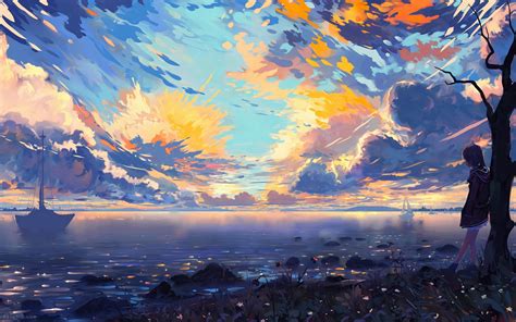 Download 2560x1600 Anime Landscape Sea Ships Colorful