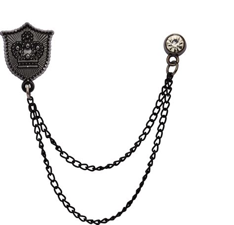 Knighthood Black Shield With Crown Engraving And Black Hanging Crystal Chain Lapel Pin Badge
