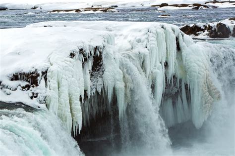 Closeup Of Frozen Waterfall Godafoss Iceland Stock Image Image Of