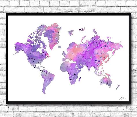 Purple World Map 2 Watercolor Print Multicolored Watercolor