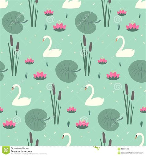 White Swans Water Lily Bulrush And Leaves Seamless Pattern On Mint