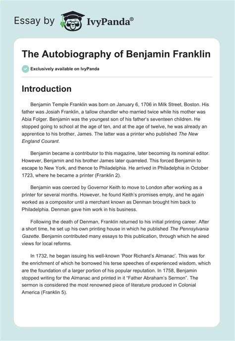The Autobiography Of Benjamin Franklin 1397 Words Essay Example