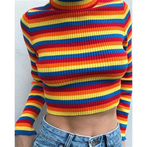 Colorful Rainbow Stripes Cropped Turtleneck Sweater Long Sleeve Sunifty