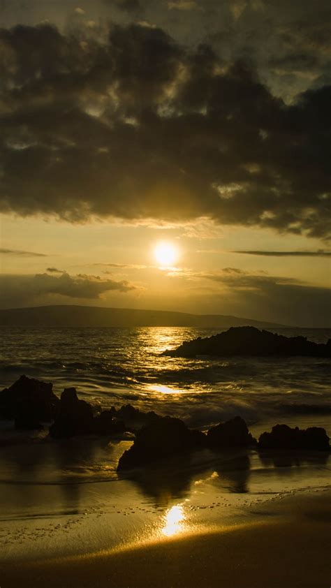 Download Wallpaper 938x1668 Beach Sea Mountains Sun Sunset
