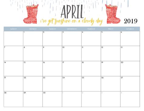 April 2019 Calendar Cute Printable Week Calendar