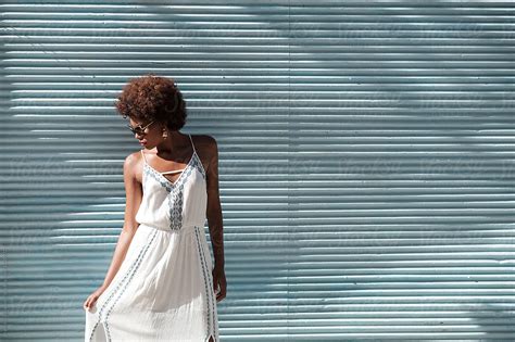 Beautiful Black Woman With Afro Hairstyle Wearing White Sundress Del