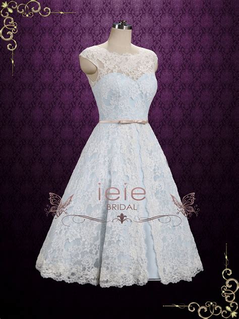 Ice Blue Vintage Lace Tea Length Wedding Dress Shannon Ieie Bridal