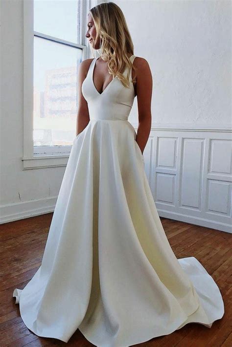 Classic V Neckline Simple Satin Bridal Dress With Pockets Loveangeldress