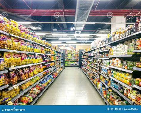 Supermarket Shelves Filled With Fmcg Grocery Products Editorial Stock