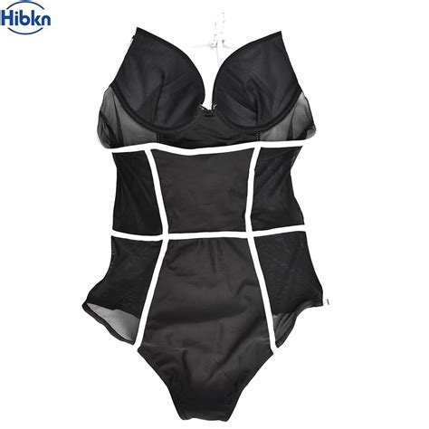 hibkn one piece swimsuit push up mesh swimsuit sexy monokini black swimwear patchwork bathing