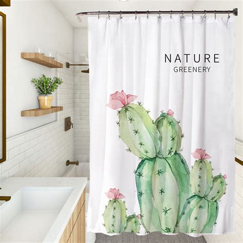 Greenery Cactus Shower Curtain Nature Watercolor Drawing Art Bathroom