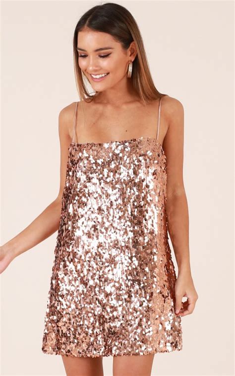Boys lining up playsuit in rose gold sequin | showpo. Virgo Rising Dress In Rose Gold Sequin Produced | Hoco dresses, Dresses, Party dress