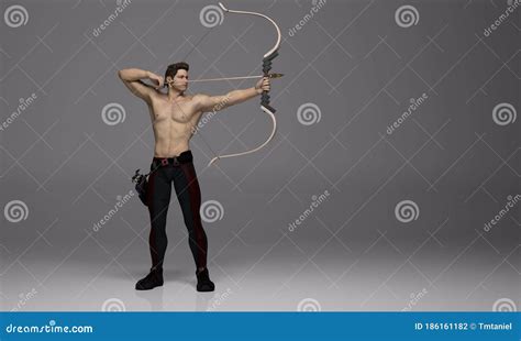 3d Render A Shirtless Young Male Archer Pose Practicing Archery In