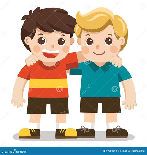 Two Boys Smile Hugging Happy Kids Best Friends Vector Illustration