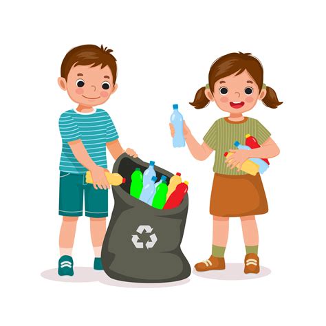 Cute Happy Child Kids Boy And Girl Collecting And Picking Up Plastic