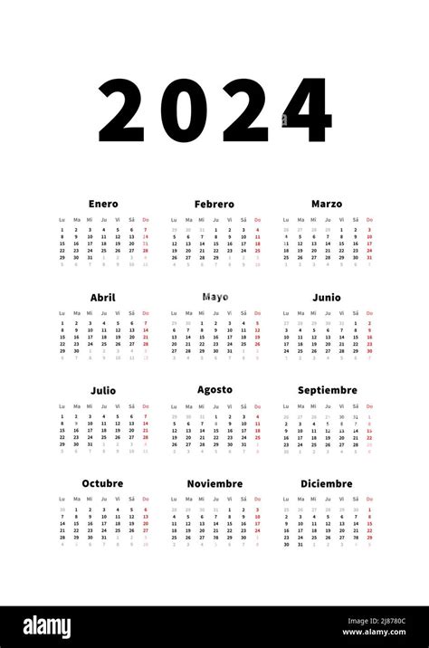 2024 Year Simple Vertical Calendar In Spanish Language Typographic