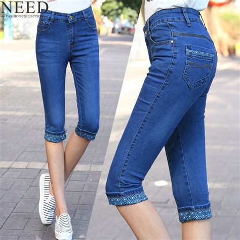 2017 Spring Women Denim Capris Pants High Waist Jeans Woman Knee Length Denim Shorts Plus Size