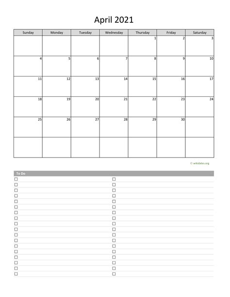 April 2021 Calendar With To Do List