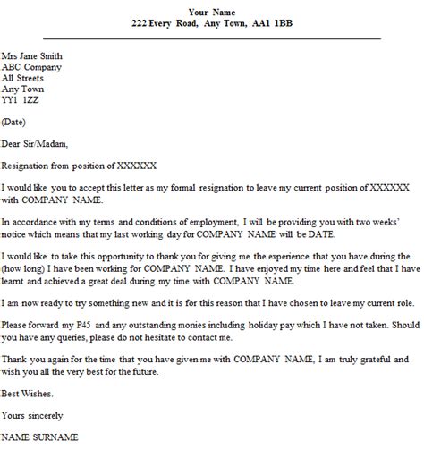 Formal Resignation Letter Example With Two Weeks Notice Uk