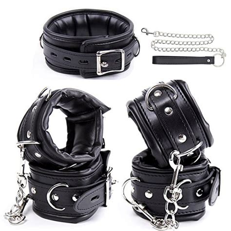 Leather Padded Hands Cuffs And Ankle Cuffs And Neck Collar Set Bdsm
