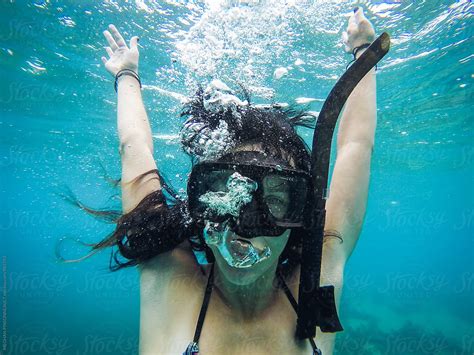 Woman Underwater In Snorkel Mask With Bubbles By Meghan Pinsonneault
