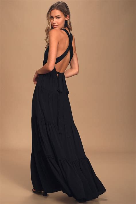Cute Black Dress Satin Maxi Dress Convertible Halter Dress Lulus
