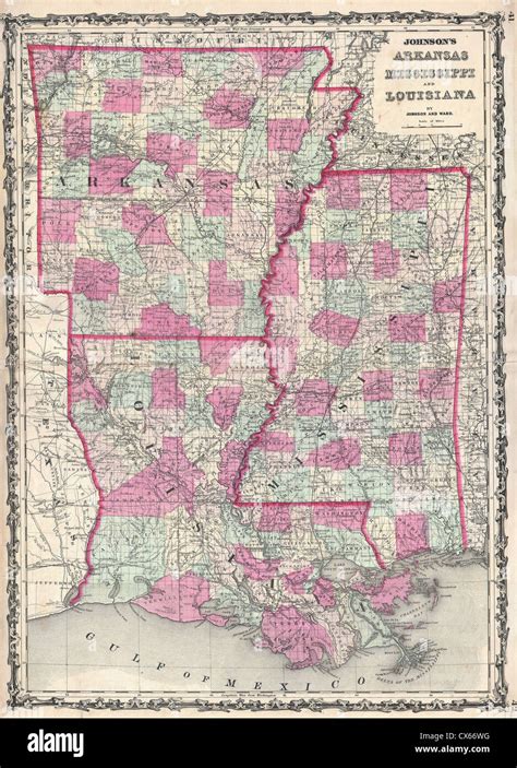 1862 Johnson Map Of Louisiana Mississippi And Arkansas Stock Photo Alamy
