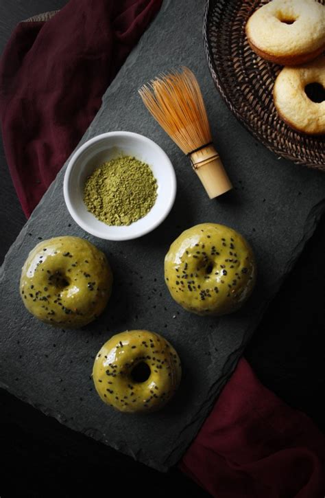 Baked Sesame Donuts With Matcha Glaze