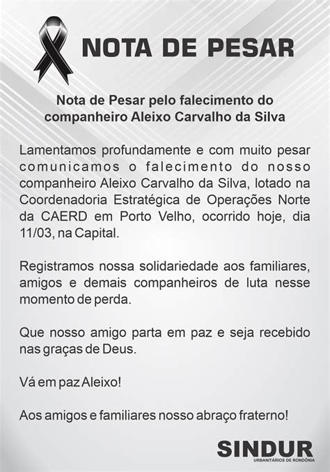 Nota De Pesar Pelo Falecimento Do Companheiro Aleixo Carvalho Da Silva