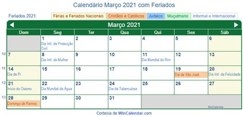 Calendário De Março De 2021 Para Impressão Brasil