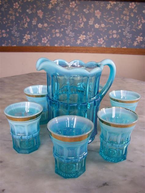 Antique Colored Blue Opalescent Glass Pitcher And Six Glass Set Glass