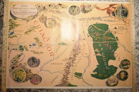 Vintage Tolkien Hobbit Map Poster Bilbos Journey Middle Earth By